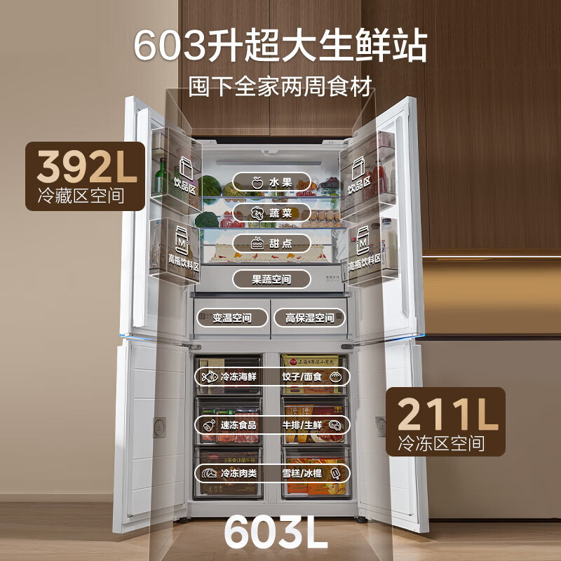 Midea Xiongdundun 601/603 liter cross four-door dual system bottom cooling ultra-thin flat screen fully embedded PST + purified air-cooled frost-free first-level variable frequency large-capacity refrigerator subsidy Pro model BCD-603WUSPZM (E) Seashell White