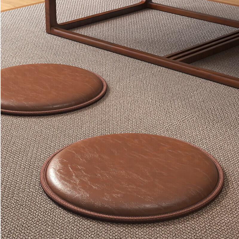 Japanese futon home waterproof cushion tatami balcony bay window cushion floor Zen leather memory foam round cushion-wild ink coffee brown diameter 35cm waterproof and oil-proof
