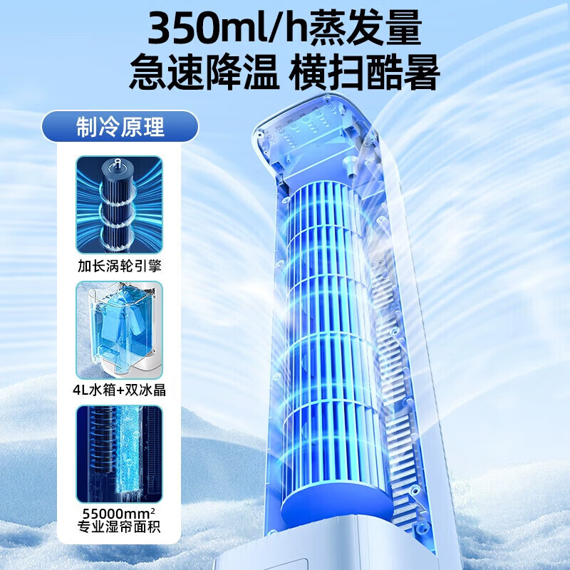 Xiaomi White Series Air Conditioning Fan 500 Whole House Cooling Water Cooling Fan Electric Fan Cooler Tower Fan Floor Standing Humidification Circulation Fan Upgraded 8 Ice Crystals Remote Control Model + Whole House Rapid Cooling + Negative Ion Purification