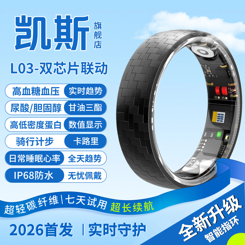 Skyunion non-invasive uric acid and blood lipid smart ring丨2026 blood sugar blood pressure heart rate blood oxygen ring black technology 24-hour dynamic sleep assessment health ring for the elderly High-precision 15th generation-L03 smart dynamic blood sugar uric acid version + charging compartment No. 13 Finger circumference 70MM 180 catties to 220 catties