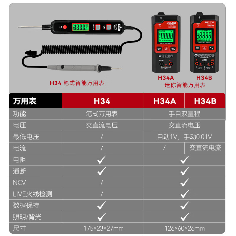 Delixi Electric Pen Type Smart Multimeter Digital Display AC and DC Voltage Mini Dual Range Multimeter Induction Measurement H34 Pen Type Smart Multimeter H34