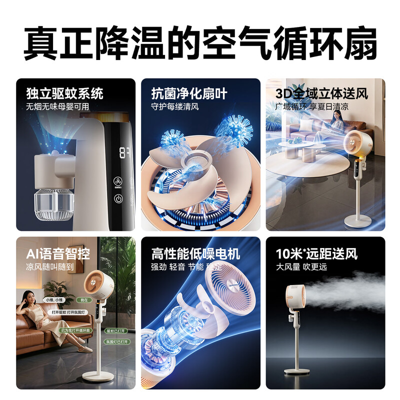 Skyworth Whole House Mosquito Repellent Air Circulation Fan Household Electric Fan Floor Fan 2026 New Large Air Volume Voice Remote Control Energy-Saving Bedroom Living Room Antibacterial Fan Q596A Apricot Velvet White