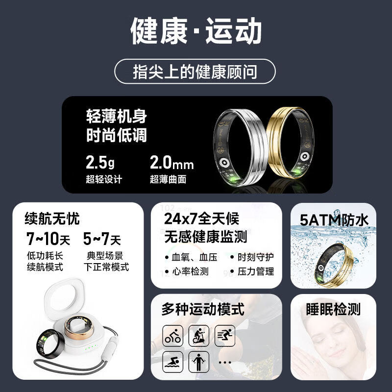 KPEPkpep health smart ring blood oxygen heart rate body temperature blood pressure male and female couple sports sleep monitoring remote control photo multi-functional health R16 Starlight Silver No. 10 inner diameter 19.8mm
