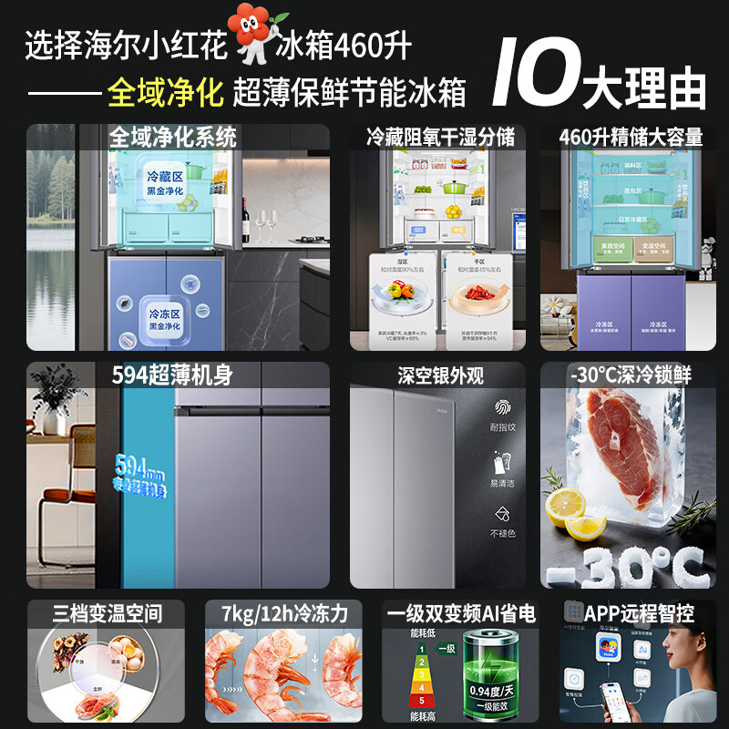 Haier refrigerator 2026 new small red flower 460 liter cross four-door ultra-thin first-class energy efficiency dual frequency conversion air-cooled frost-free household large-capacity double-cycle refrigerator trade-in 594mm ultra-thin body + wet and dry storage + full space purification