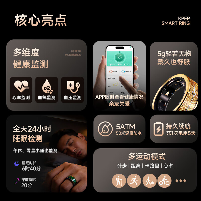 KPEP all-day sleep monitoring, non-invasive blood sugar and blood pressure monitoring, blood oxygen and heart rate, heart health remote care, real-time monitoring, waterproof exercise, health smart ring for parents
