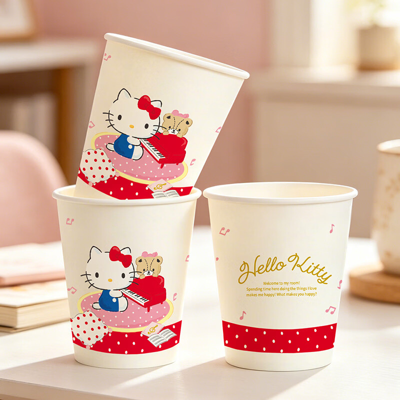 Yekee disposable paper cups 50 pieces for home use thickened HelloKitty co-branded cute tea cups 228ml 50 pieces