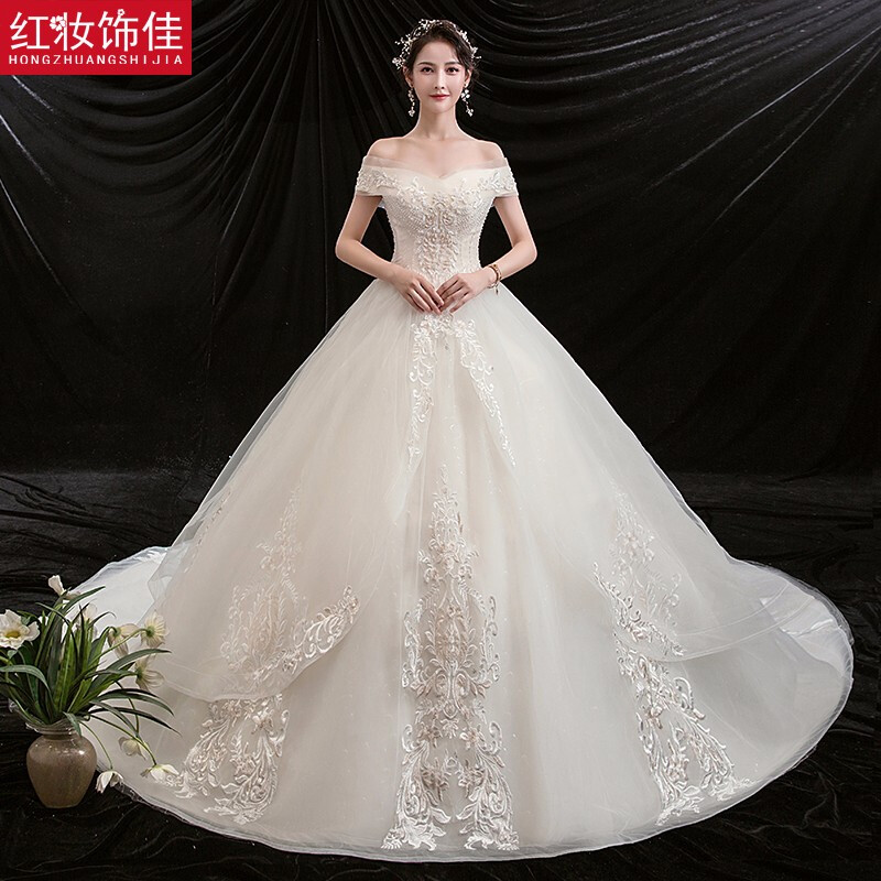 Red make-up and good one-shoulder wedding dress 2025 new ceremony dress Small bride going out with tail tail main wedding dress 6149 light champagne floor-length style S