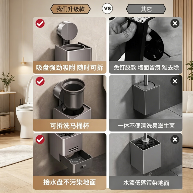 MWKW Japanese toilet brush without dead corners, toilet suction cup wall-mounted with base, bathroom storage brush, gap household, standard toilet brush set, deep space gray, ingenious craftsmanship - strong adsorption - ventilation and draining