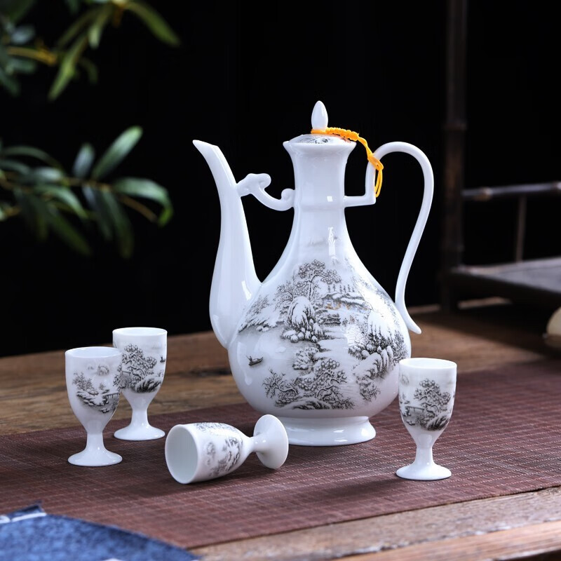 Tao Qinquan Jingdezhen ceramics Chinese liquor wine set wine pot wine cup wine cup wine warmer wine pot snow scene wine set 1 catties assembled with 6 cups