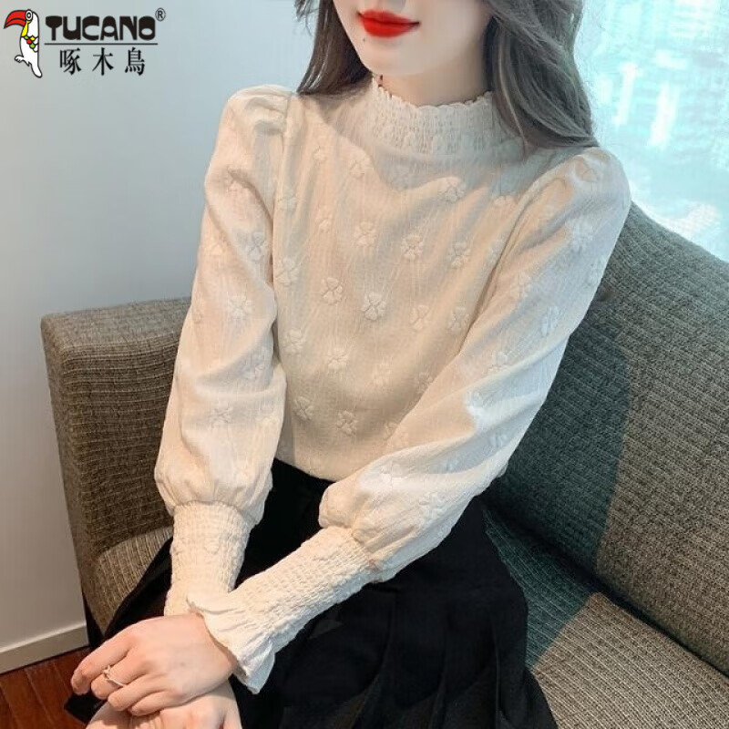 Woodpecker (TUCANO) velvet thickened lace jacquard bottoming shirt for women spring and autumn 2025 new stand-up collar lantern long-sleeved style versatile top apricot silver fox velvet plus velvet M 100-110 catties