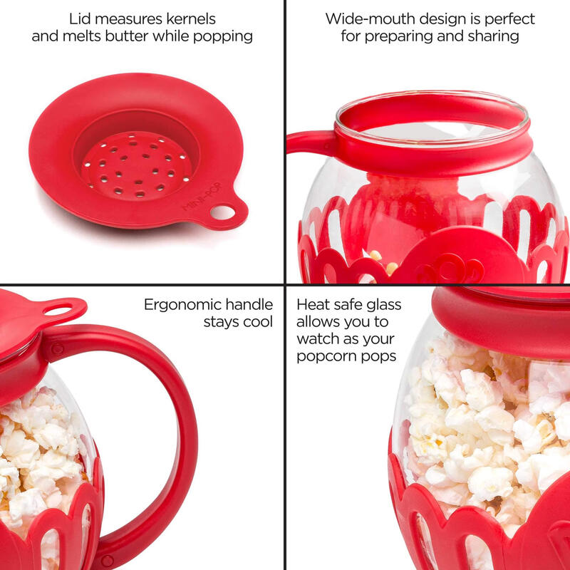 Ecolution Microwave Popcorn Maker 5.6L Borosilicate Glass 3-in-1 Lid Measures Melted Butter No Oil Required Dishwasher Safe Home Healthy Snacks Red Small Size
