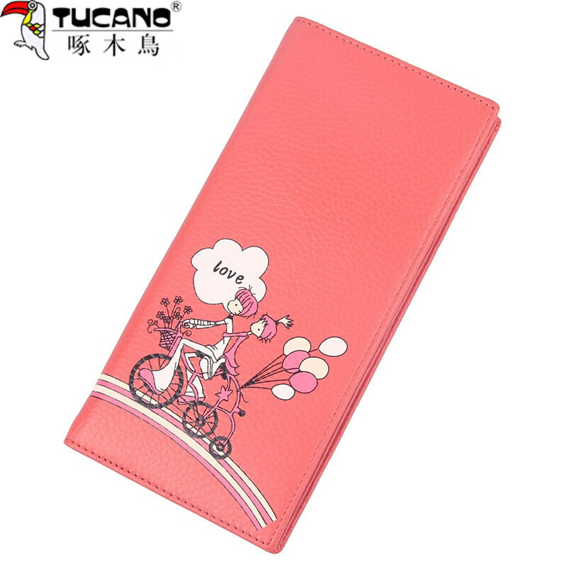 Woodpecker (TUCANO) Women's Wallet Long Thin Leather New Style Fashion Simple First Layer Cowhide Women's Wallet Student Wallet Pink Love Style