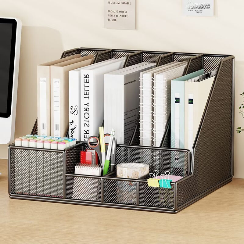 XAOIMI Desktop File Storage Rack Vertical File Rack Desktop Storage Rack A4 File Box Student Information Organizing Rack Black-Five Links + Pen Holder Upgraded Density Network Integrated Design