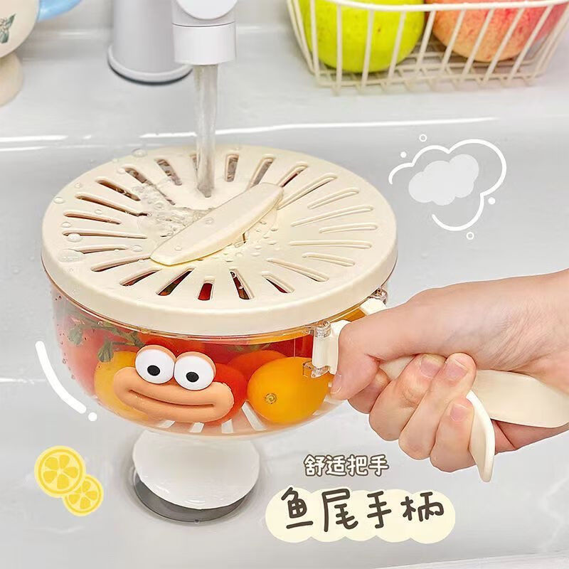 Zhiran 2024 new multi-functional drain basket folding handle with lid for washing fruits and vegetables home kitchen fresh-keeping bowl fruit basket white pp can be drained and kept fresh, one pack