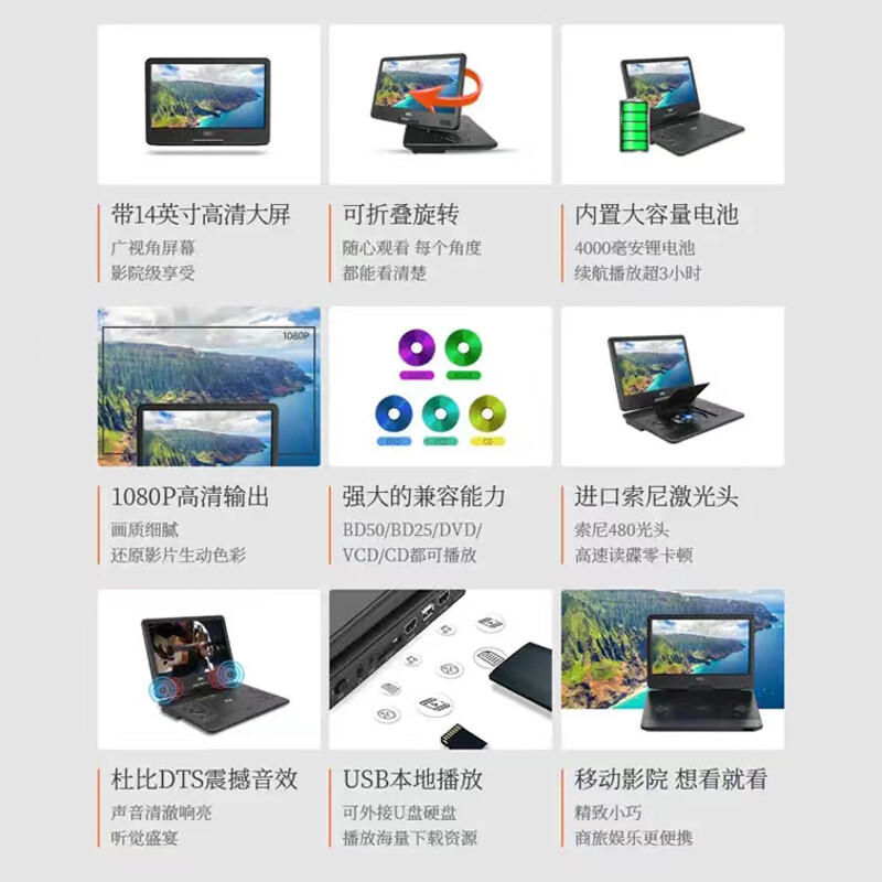 GIEC BDP-G380 14-inch Blu-ray mobile DVD player portable vcd player HD home hard drive U disk HD DVD player Blu-ray player with screen 14-inch G380 mobile Blu-ray player