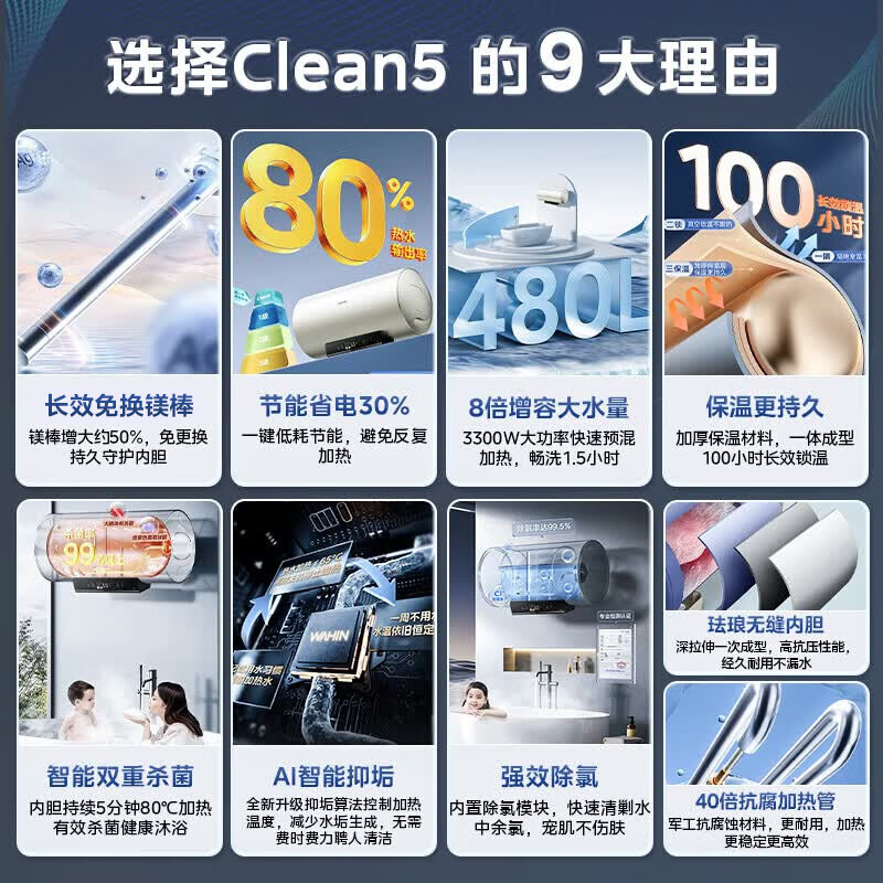 Hualingmei's 60-liter 3300W household storage-type electric water heater with chlorine removal and purification, super first-class energy efficiency and no need to replace the magnesium rod, national subsidy F60-33Clean5 (HE)