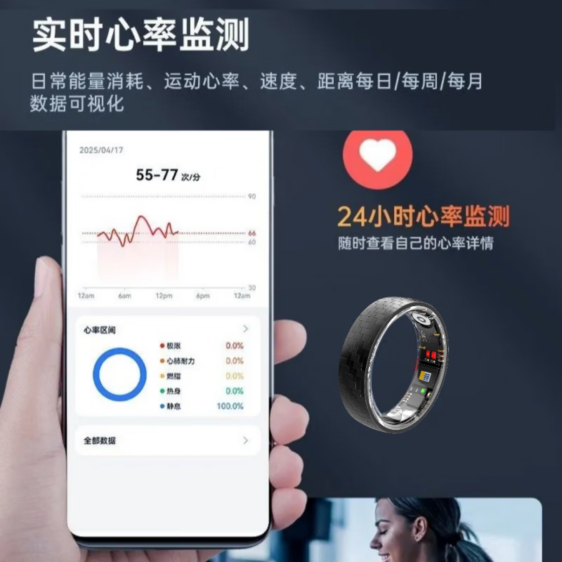 Xieli 26 15th Generation Smart Rings Heart Rate Blood Oxygen Sleep Monitoring Blood Sugar Blood Pressure Uric Acid Sports Health Ring Bright Black - 23 Ceramic Version W1 Smart Rings Heart Rate Blood Oxygen Sleep Sleep Pedometer US Size 7# Finger Circumference 55-56.5mm Wear