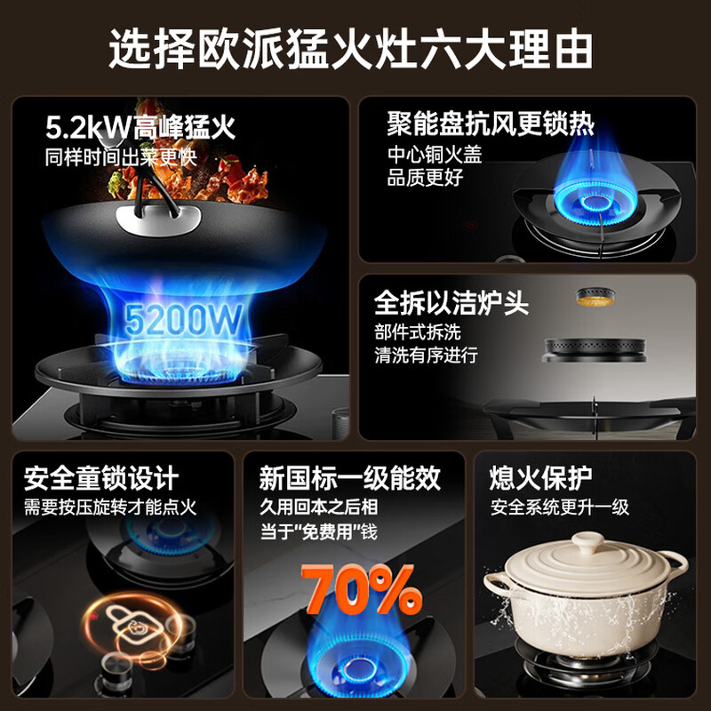 OPPEIN range hood and stove set 26 air volume 1100pa large static pressure smoke stove top side double suction double side 5.2kw fierce fire stove first-class energy efficiency smoke stove linkage liquefied gas set-hood + fierce fire stove 5.2kw