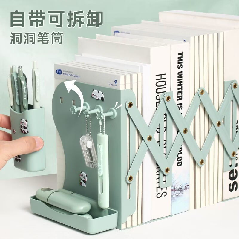 Class 2, Grade 3, Desktop retractable book stand, book storage rack with pen holder, book clips, fixed book stand, student table folding bookshelf for high school student classroom, extra thick, matcha green + pen holder + storage box + hook