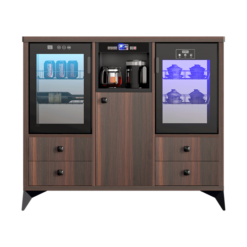 MEILINGDA Home Modern Light Luxury Style Remote Control Intelligent Solid Wood Fully Automatic Tea Bar Machine Office Water Dispenser Living Room Tea and Water Integrated Cabinet Refrigerator Red Wine Refrigerator Bottle Sterilizer Cabinet Solid Wood 920 Walnut Color (Fridge Refrigerator + Disinfection Cabinet) Hot and Cold Type Ice Warm