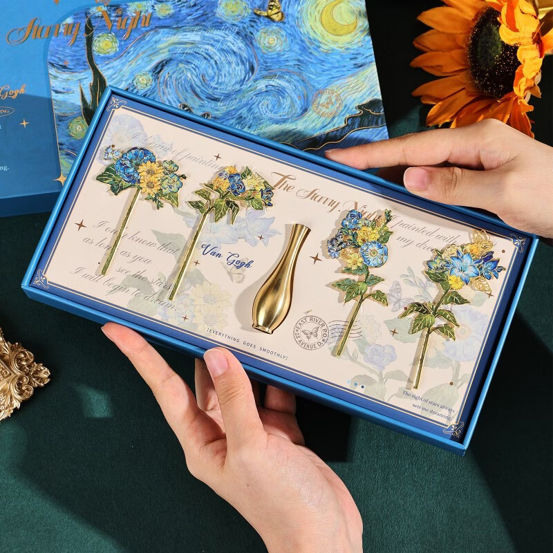 Jiamo retro oil painting bookmark gift box teacher thank you gift high-end exquisite metal vase bookmark high-value Van Gogh cultural and creative souvenirs Teacher's Day practical back-to-school gift for teachers