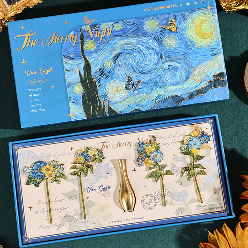 Jiamo retro oil painting bookmark gift box teacher thank you gift high-end exquisite metal vase bookmark high-value Van Gogh cultural and creative souvenirs Teacher's Day practical back-to-school gift for teachers