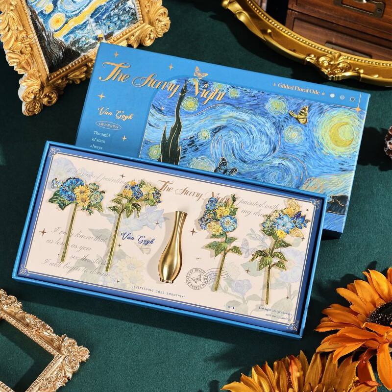 Jiamo retro oil painting bookmark gift box teacher thank you gift high-end exquisite metal vase bookmark high-value Van Gogh cultural and creative souvenirs Teacher's Day practical back-to-school gift for teachers