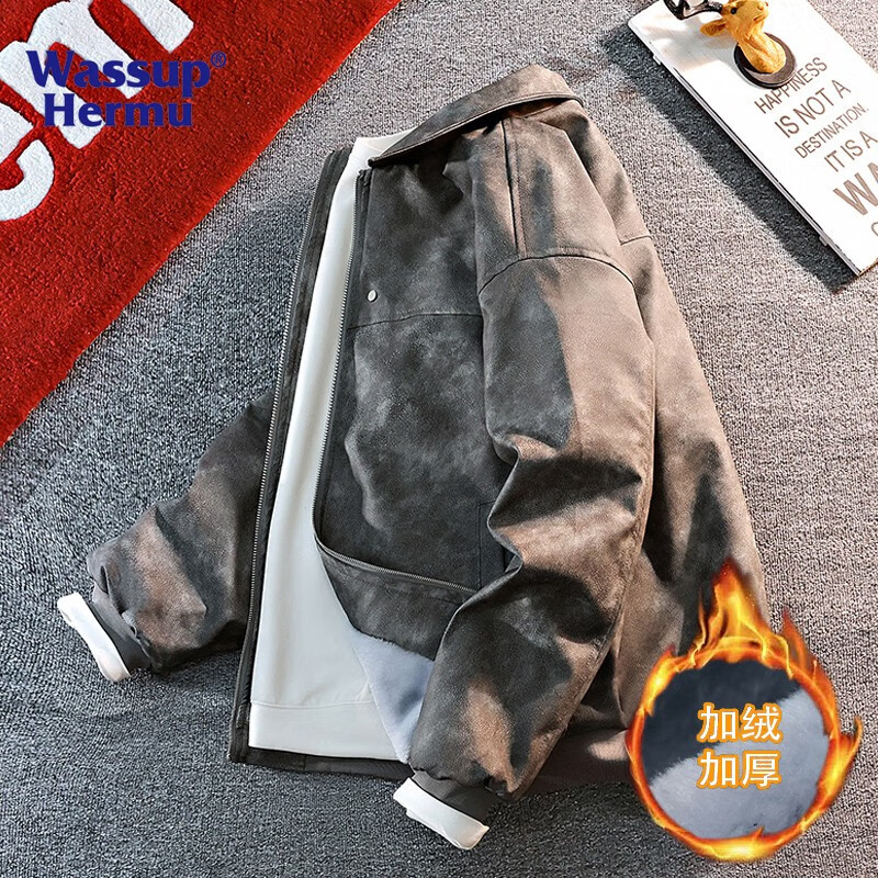 WASSUP HERMU official jacket for men and women in autumn and winter Maillard handsome motorcycle leather jacket high-quality American street casual leather jacket gray (plus velvet) XL (recommended 130-150 pounds)