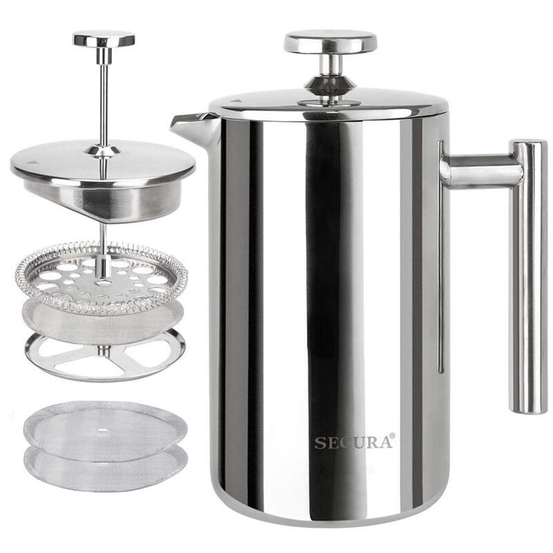 Secura 304 stainless steel French press 500ml insulated coffee pot three-layer filter manual brewing removable and washable silver 17 oz
