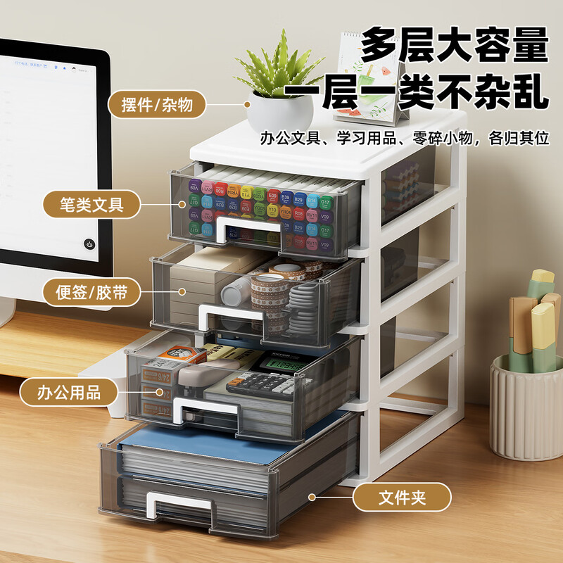 Wofuyou desktop storage box student desk stationery storage cabinet basket office A4 paper storage drawer-type organizing box white bracket + transparent black drawer medium size 2 layers