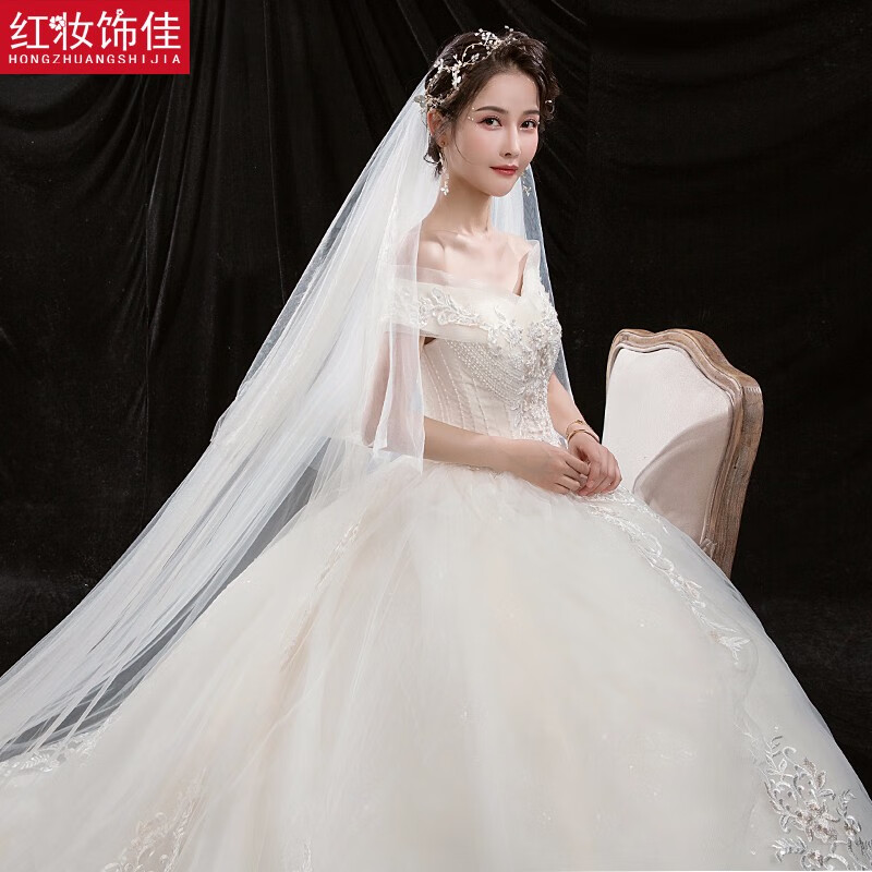 Red make-up and good one-shoulder wedding dress 2025 new ceremony dress Small bride going out with tail tail main wedding dress 6149 light champagne floor-length style S