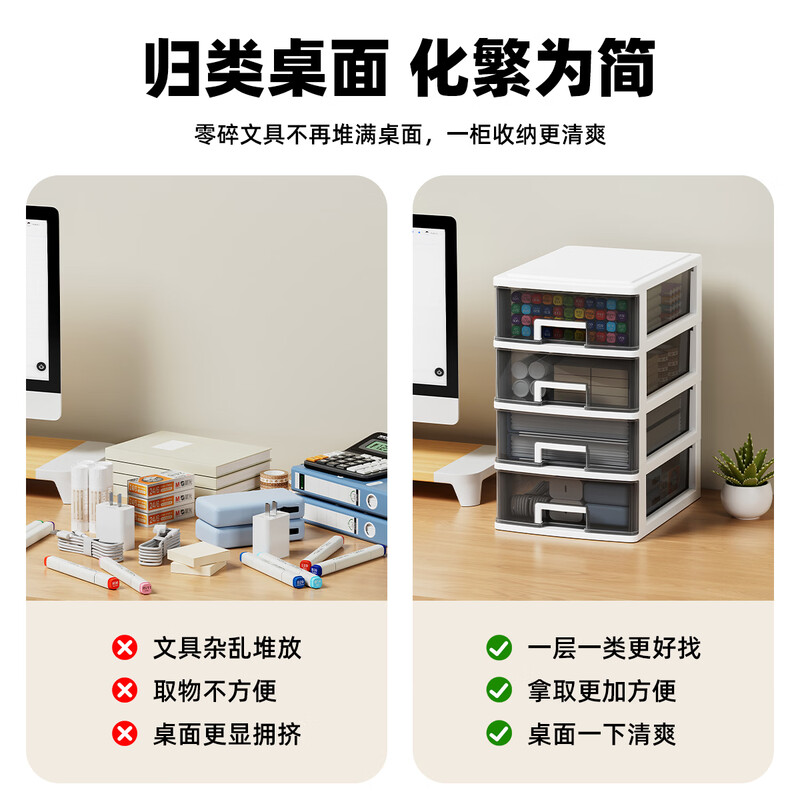 Wofuyou desktop storage box student desk stationery storage cabinet basket office A4 paper storage drawer-type organizing box white bracket + transparent black drawer medium size 2 layers
