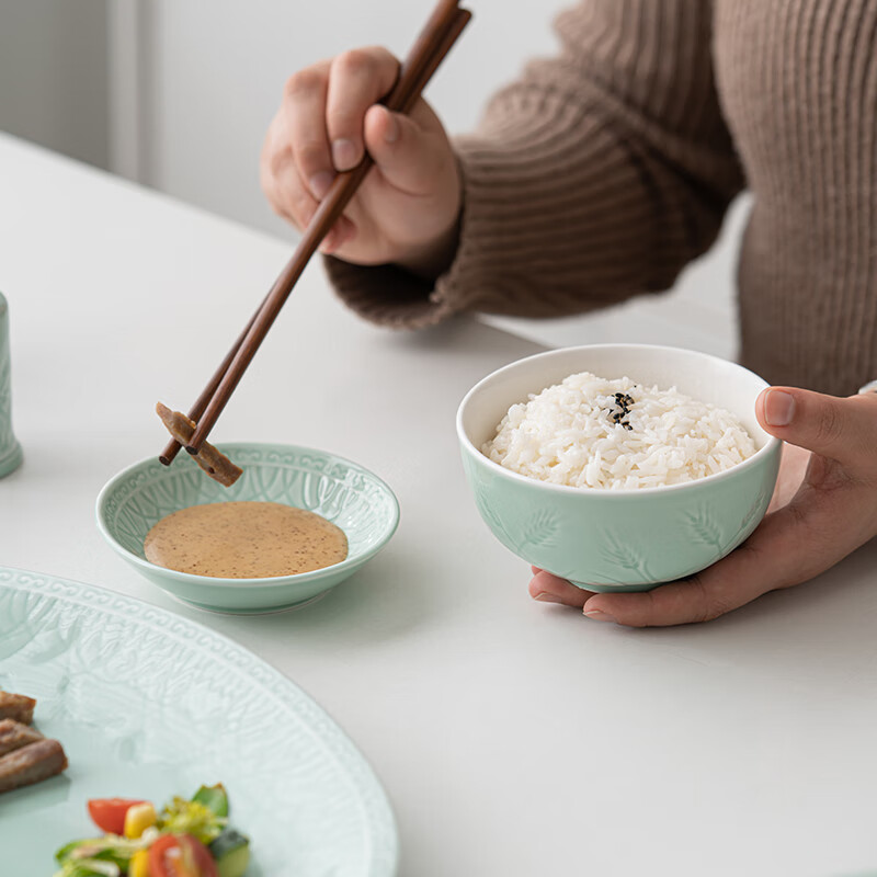 Su's Ceramics Celadon Tableware Set Light Green Glazed Grain Fengdeng Ceramic Bowl and Plate 56 Medium Tableware Gift Box