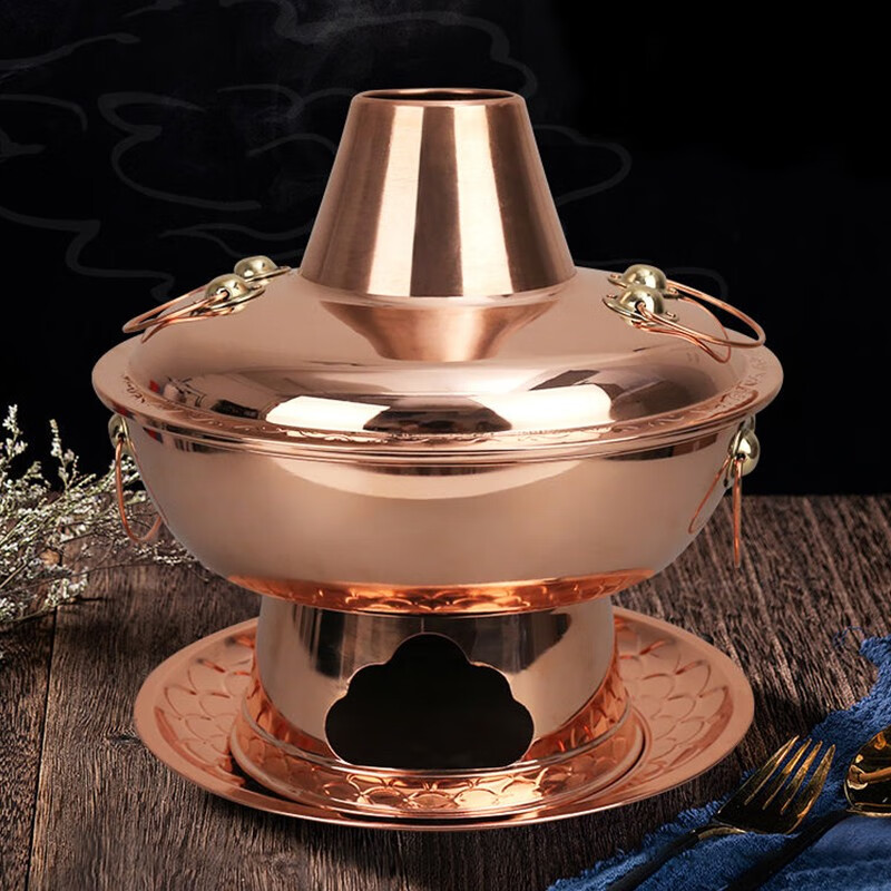 Copper Liufu copper hot pot split type pure copper electric carbon dual-purpose copper pot shabu-shabu charcoal hot pot Yuanyang plug-in copper hot pot 30 cm clear soup pot (for use by less than 4 people)