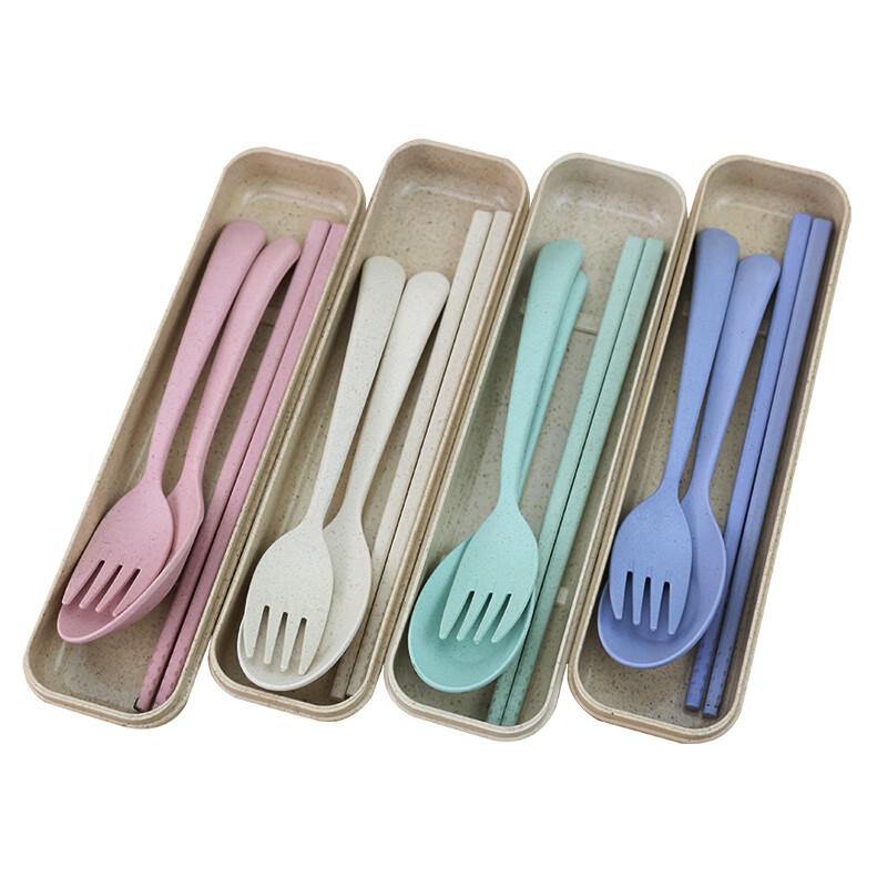 Qiaoju Qiaowu Portable Tableware Wheat Straw Spoon Chopsticks Fork Tableware Set Student Travel Portable Tableware Three-piece Set Wheat Tableware Three-piece Set Nordic Powder