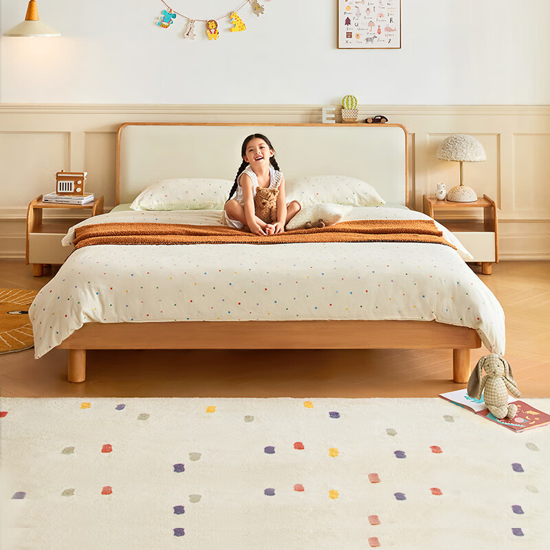 Jingjing Tokyo Made Home Cheese Solid Wood Children's Bed Set Modern Bedroom Soft Covered Bedside Small Apartment Bed + Mattress 1.2M
