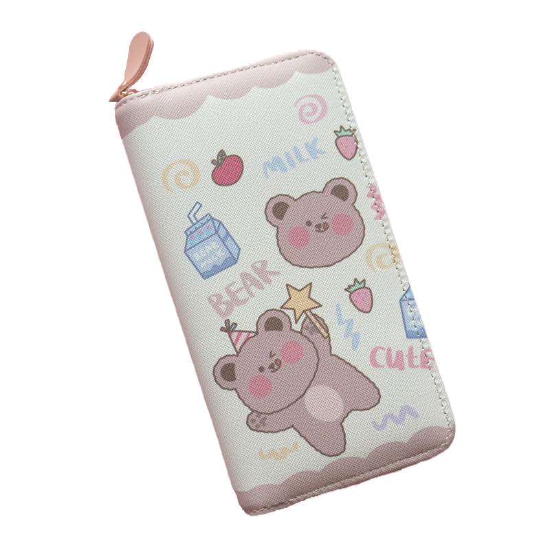 Chenwen children's wallet women's long small fresh zipper large capacity money clip mobile phone storage girl cute card holder long wallet loveyou bear head