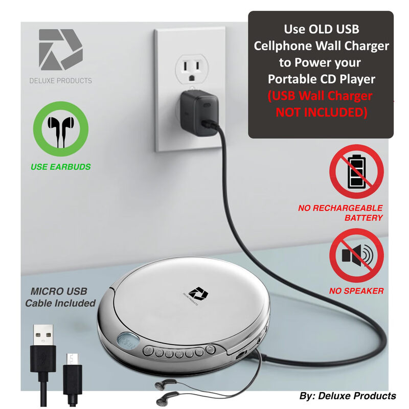 Deluxe Products Deluxe Portable CD Player 60 Seconds Anti-Bounce CD/CD-R/CD-RW Headphones/AUX Home Car DP-PCD-001-SIL Silver Silver