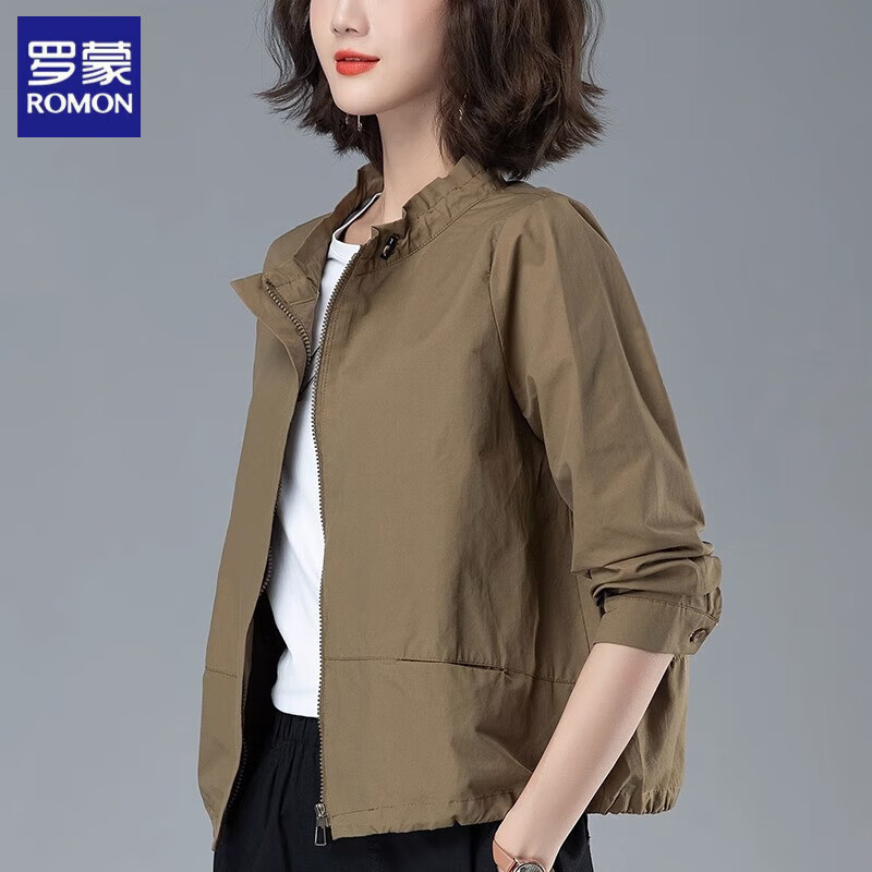 ROMON jacket for women spring and autumn 2025 new women's fashion casual middle-aged mother short jacket top khaki L recommended 106-120 pounds
