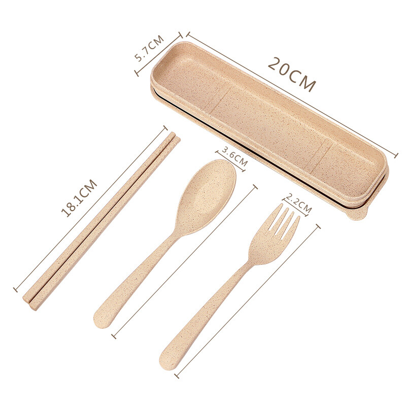 Qiaoju Qiaowu Portable Tableware Wheat Straw Spoon Chopsticks Fork Tableware Set Student Travel Portable Tableware Three-piece Set Wheat Tableware Three-piece Set Nordic Powder