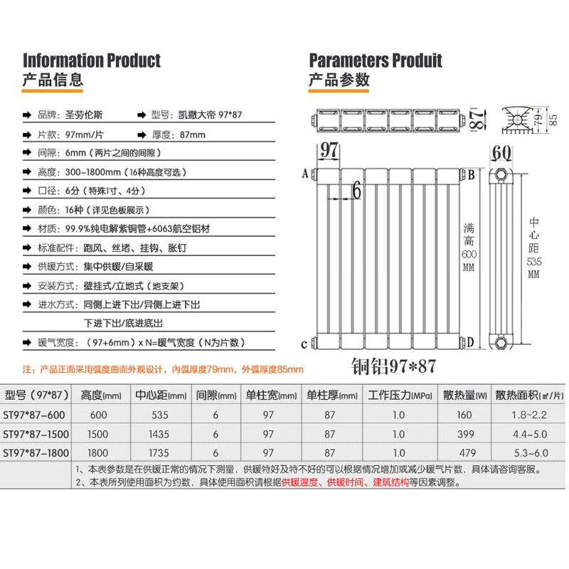 St. Lawrence radiator copper-aluminum composite radiator water heating wall-mounted radiator 97*87 1500mm high