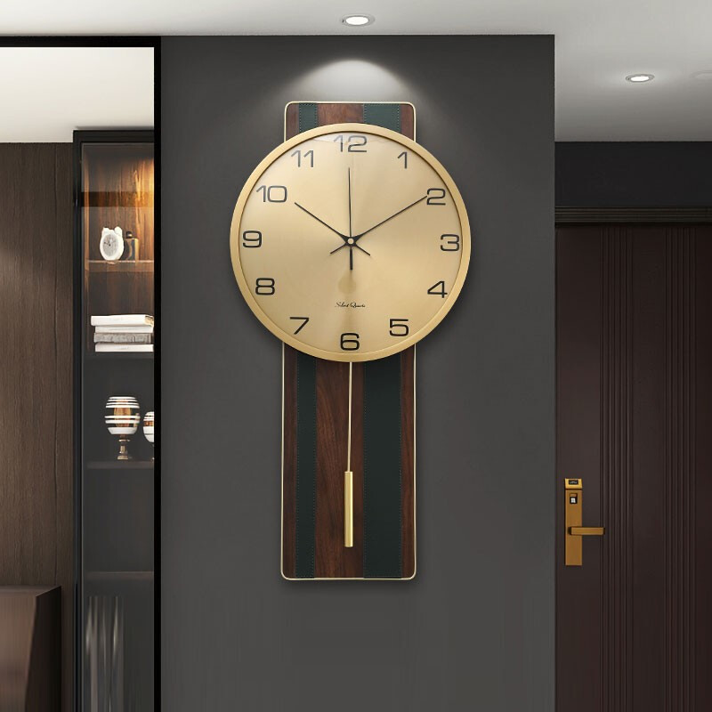 Seven Seconds Impression Seven New Chinese Style Solid Wood Light Luxury Wall Clock Living Room Fashion Wall-Mounted Silent Clock Home Simple and Atmospheric Decorative Quartz Clock Copper Clock Frame with Copper Frame - Style 4