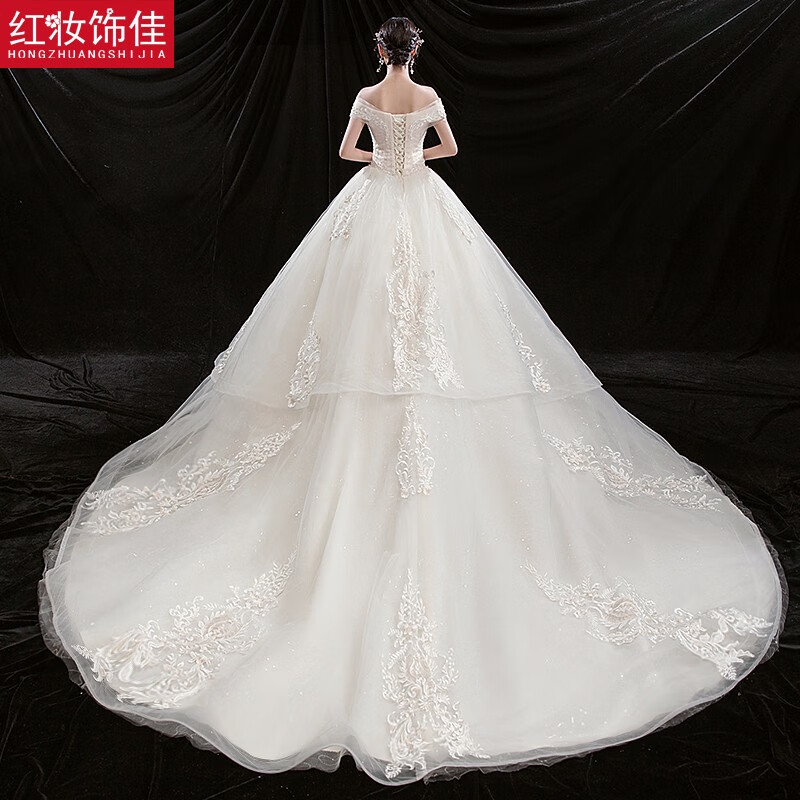 Red make-up and good one-shoulder wedding dress 2025 new ceremony dress Small bride going out with tail tail main wedding dress 6149 light champagne floor-length style S