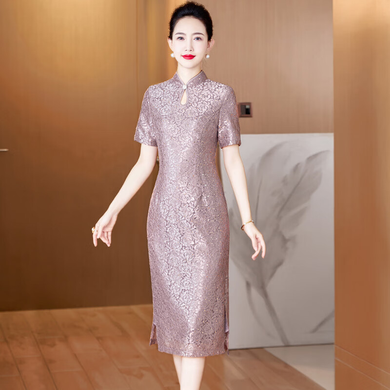Drop-off station cheongsam dress, spring and summer slimming, high-end banquet dress, grandma dress, wedding banquet, noble, can be worn at ordinary times, purple suit M