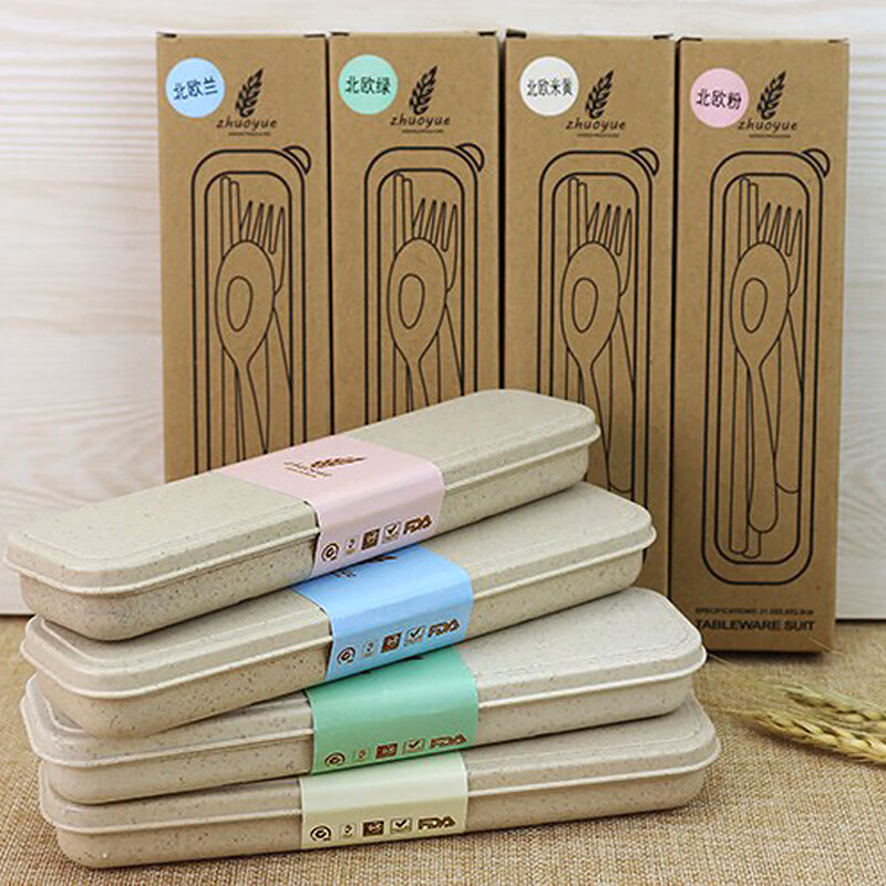 Qiaoju Qiaowu Portable Tableware Wheat Straw Spoon Chopsticks Fork Tableware Set Student Travel Portable Tableware Three-piece Set Wheat Tableware Three-piece Set Nordic Powder