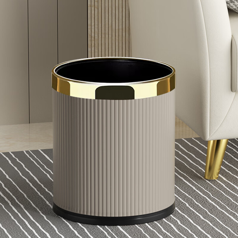 Mavobo trash can white stripes fashion home living room light luxury creative kitchen bedroom bathroom office large capacity without lid milk tea color 14L gold ring new product