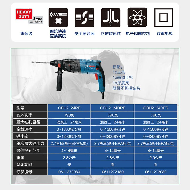 Bosch (BOSCH) electric hammer impact drill light electric pick GBH2-24 multi-function high power 790W heavy-duty electric hammer electric drill GBH 2-24 DRE three functions free home improvement drill bit