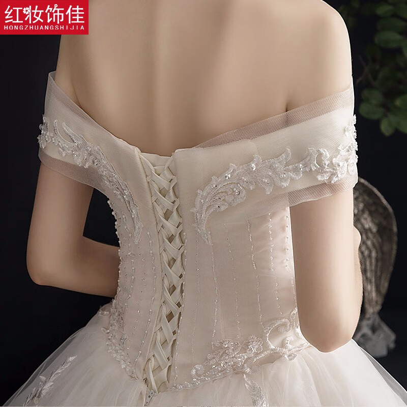 Red make-up and good one-shoulder wedding dress 2025 new ceremony dress Small bride going out with tail tail main wedding dress 6149 light champagne floor-length style S