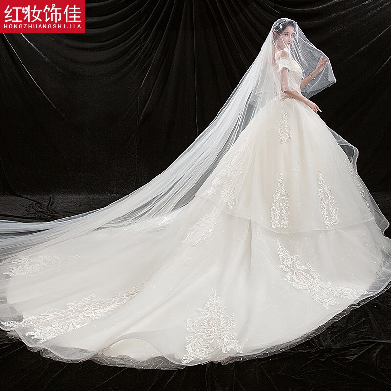 Red make-up and good one-shoulder wedding dress 2025 new ceremony dress Small bride going out with tail tail main wedding dress 6149 light champagne floor-length style S