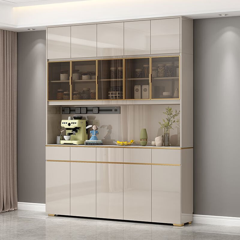 Ge Yuansu 2025 new home light luxury sideboard integrated wall high cabinet dining table wine cabinet restaurant storage cabinet kitchen cabinet champagne color low + high + top length 220 + electric rail free shipping and door-to-door installation by professional masters